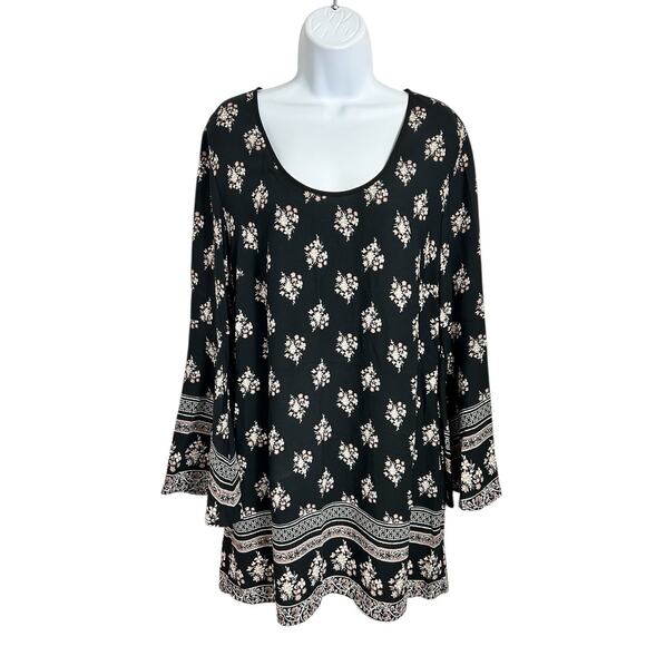 Boho Mini Dress Sz M Floral Long Bell Sleeves Open Back Loose A-Line Hippie - Picture 7 of 7